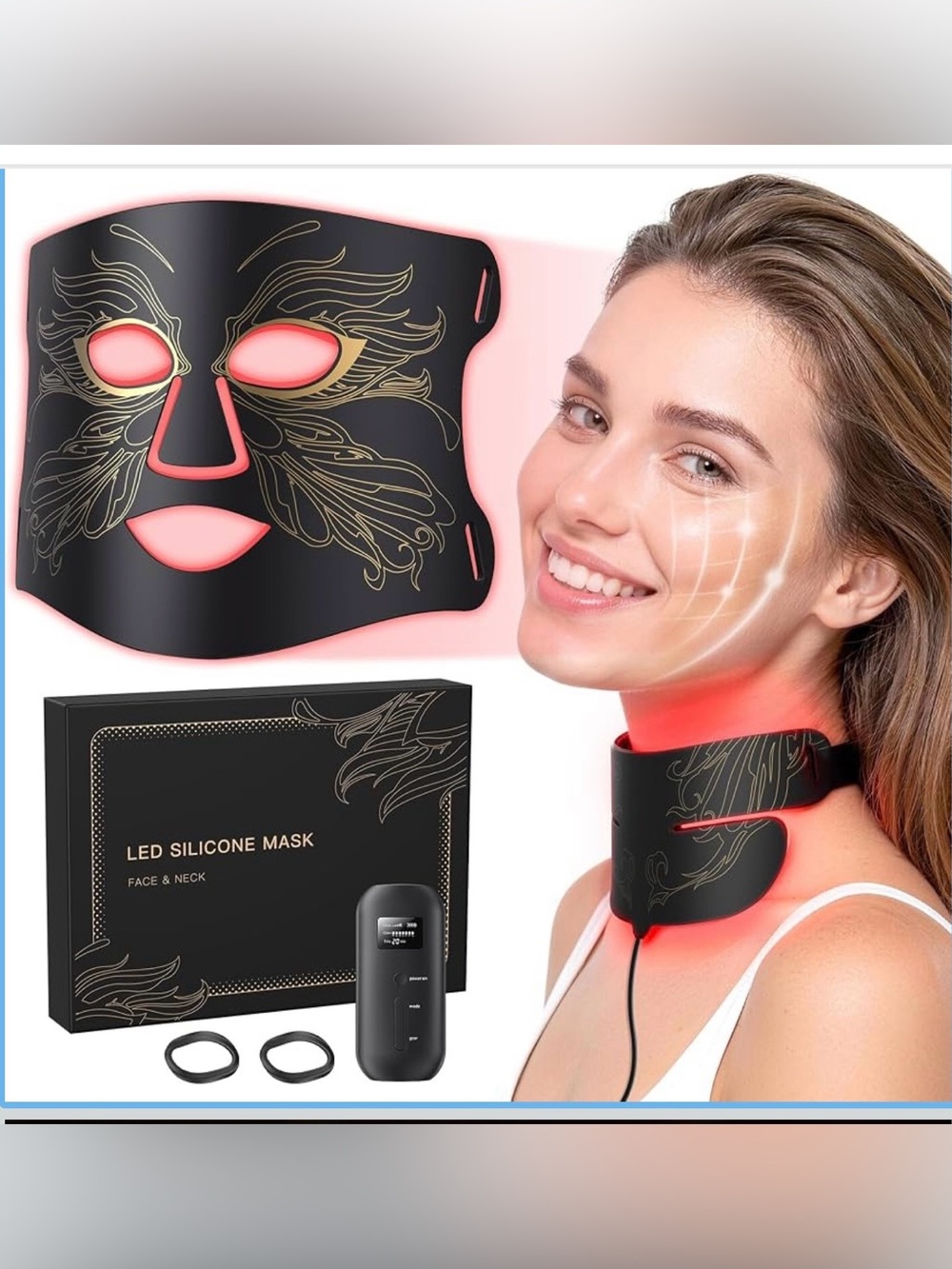LED Silicone Face & Neck Mask in Black with Gold Design